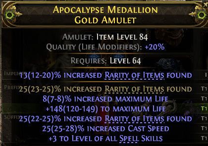GOLD AMULET（3-Rarity, All-Tier 1 Modifier Loot-Farming Amulet）